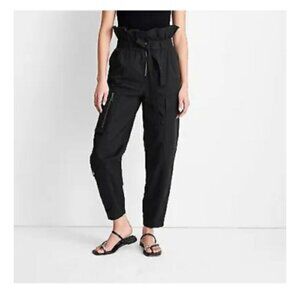 Black Paperbag Waist Cargo Pants With Belt & Zipper Detail By Future Collective